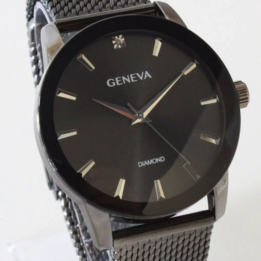 Geneva Men's Dress Watch Gun Metal Finish Diamond At 12 Milanese Bracelet 42mm